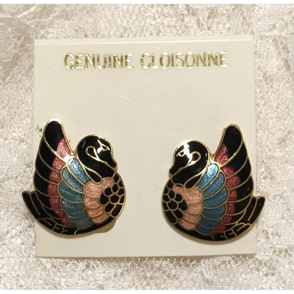 Vintage Cloisonne Swan Earrings Clip Ons Gold Tone